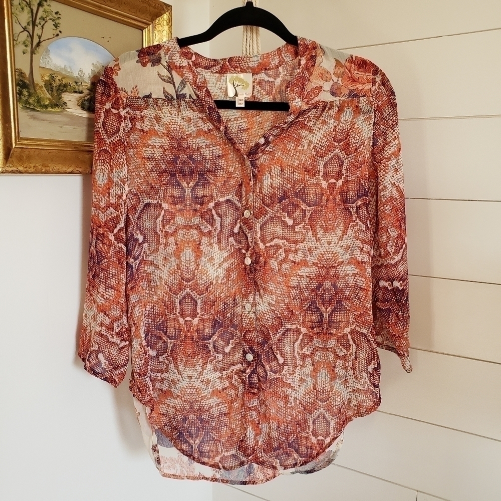 Anthro Fig and Flower Snake print and floral sheer blouse size petite medium